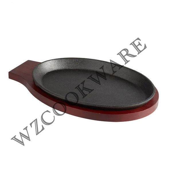 Cast Iron Sizzling Fajita Skillet Japanese Steak Plate With Handle and Wooden Base For Restaurant Home Kitchen Cooking