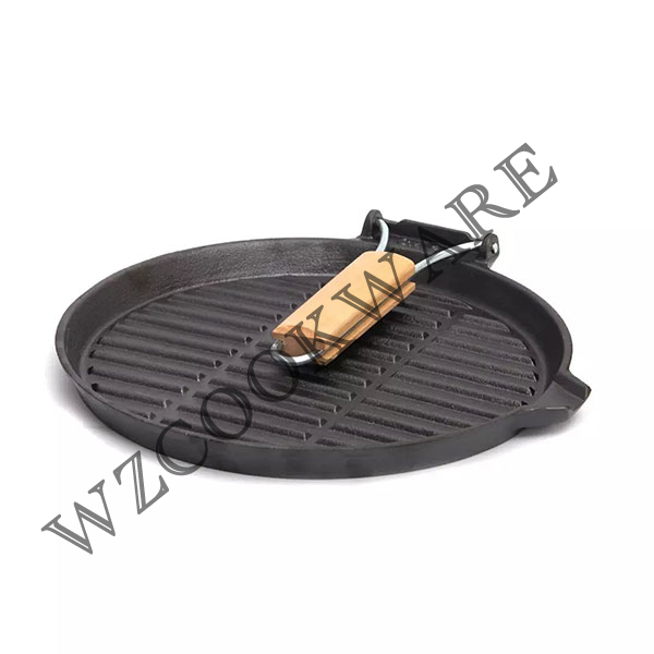 Cast Iron Grill Pan Round Wooden Handle Nonstick Frying Pan Foldable 